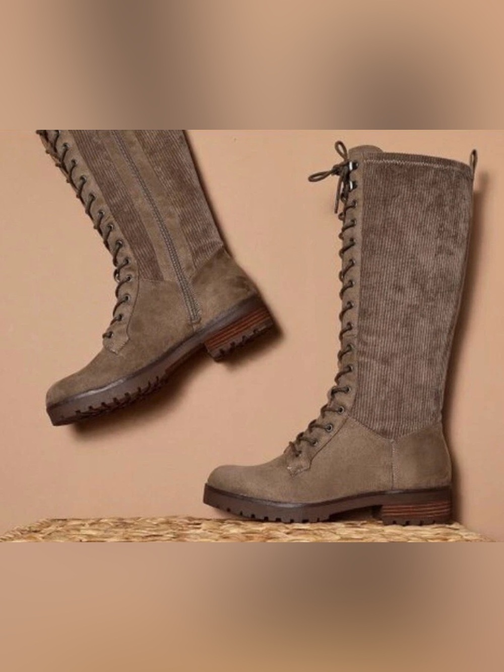 Crown Vintage Lace-Up Knee-High Boots in Taupe